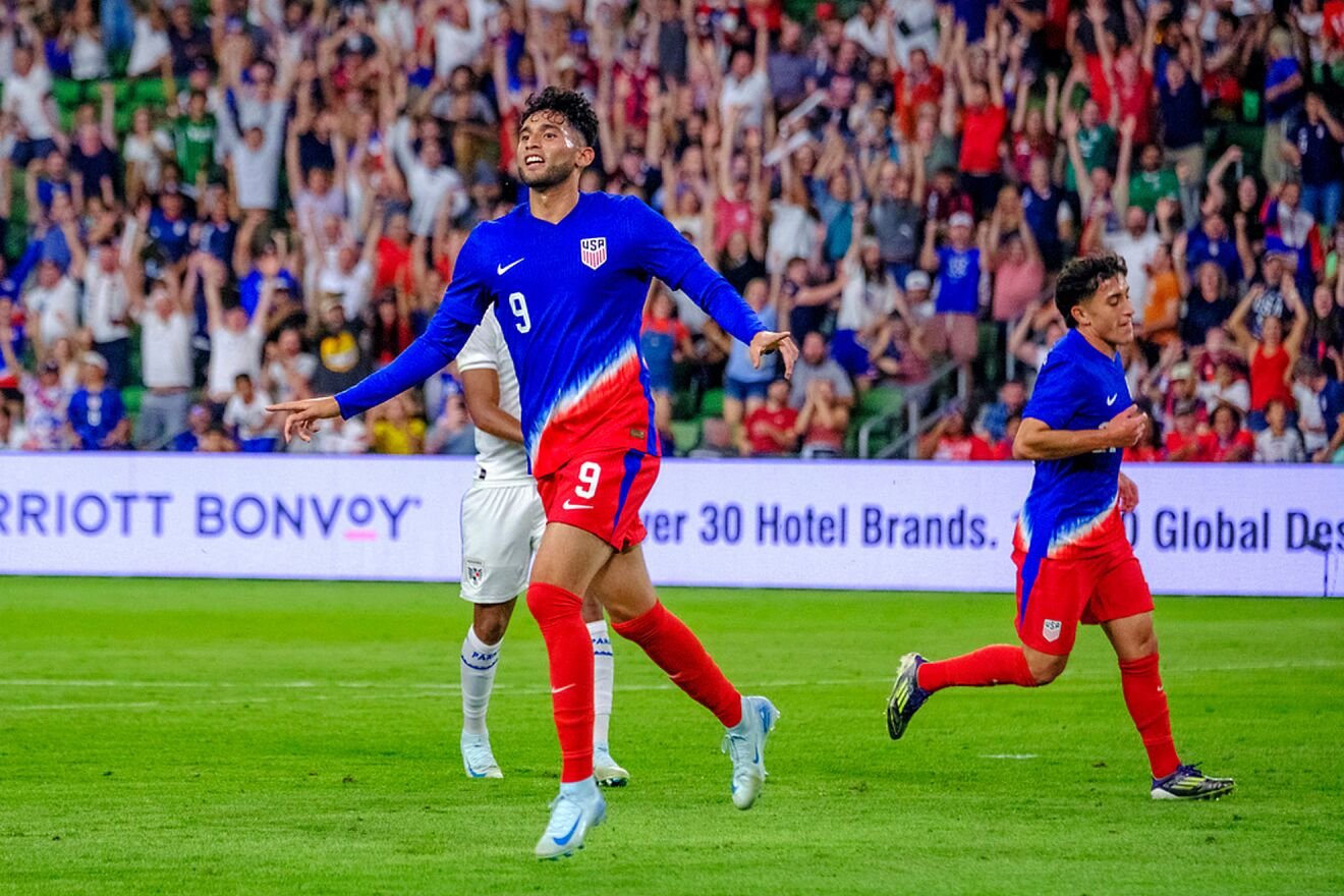 United States forward, Ricardo Pepi, (9) celebrates his goal against...